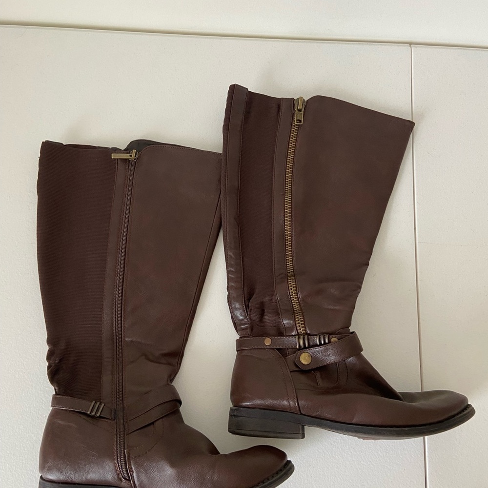 EUC | Women’s brown tall double zip strap buckle boots size 7 - Picture 4 of 8